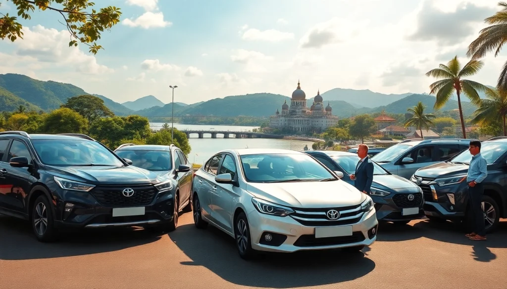 Kuching car hire service with diverse rental cars against scenic landmarks in an inviting atmosphere.