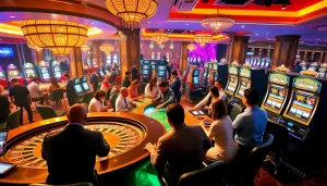 Exciting MM 88 casino scene with players enjoying roulette, poker, and slot machines.