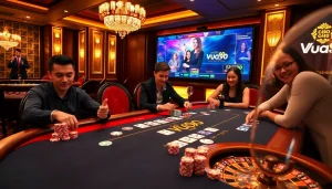 Vua99 casino scene with poker table, vibrant chips, and a roulette wheel.