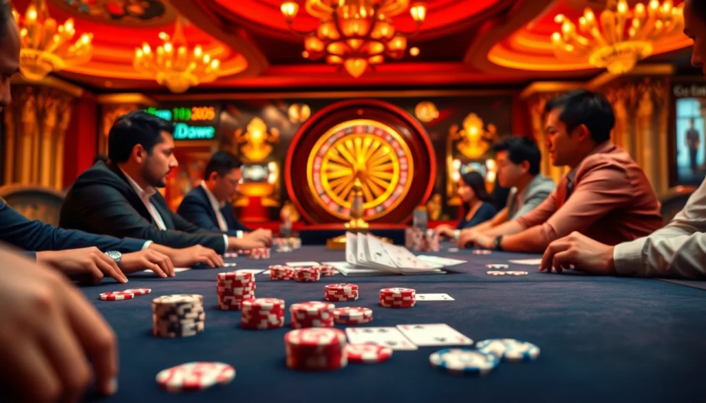 Kinh88 poker scene showcasing casino excitement with players and vibrant gaming elements.
