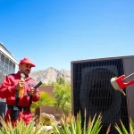 Expert HVAC technician performing ac repair phoenix az in a residential backyard setting.