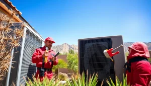 Expert HVAC technician performing ac repair phoenix az in a residential backyard setting.