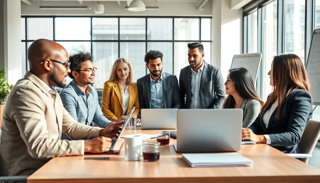 Business professionals collaborating in a modern meeting environment with engaging visuals.