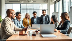 Business professionals collaborating in a modern meeting environment with engaging visuals.