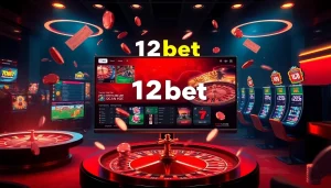 Exciting online gambling scene showcasing 12bet's vibrant gaming interface and luxurious casino elements.