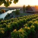 Stunning vineyards in Clarksburg, CA, illustrating the beauty of the Sacramento River at sunset.