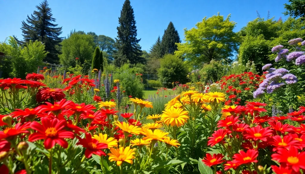 Engaging Gardening scene with colorful flowers blooming in a sunny backyard.