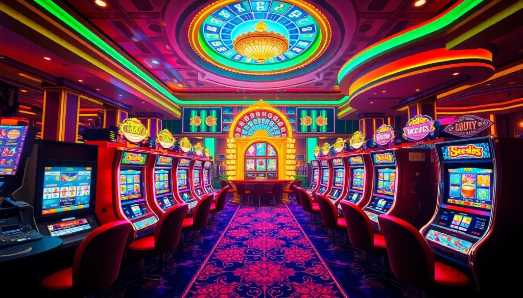 Permainan slot yang seru di dewanaga89 menampilkan mesin-mesin yang berwarna-warni dan suasana kasino.