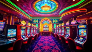 Permainan slot yang seru di dewanaga89 menampilkan mesin-mesin yang berwarna-warni dan suasana kasino.