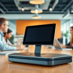 AI Recorder Dock featured prominently in a modern office workspace with professionals engaged in discussions.
