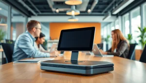 AI Recorder Dock featured prominently in a modern office workspace with professionals engaged in discussions.