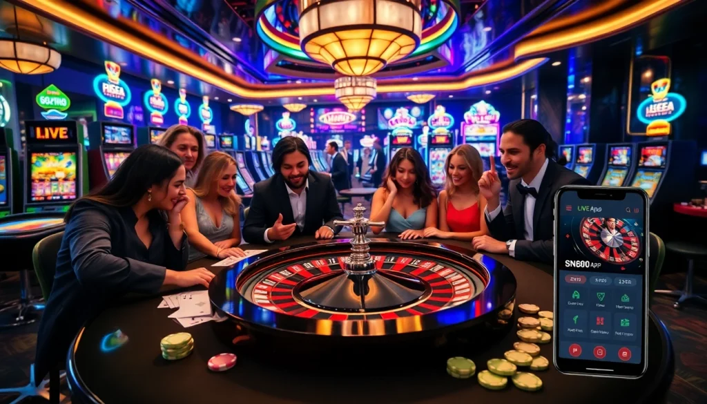 Experience the excitement of the SN888 App in a vibrant casino scene with players at a roulette table.