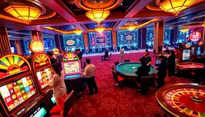 Players celebrating their wins at bright slot machines, emphasizing Slot Gacor Hari ini in a vibrant casino setting.