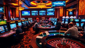 Thabet offers an exciting casino experience with vibrant gaming tables and poker chips.