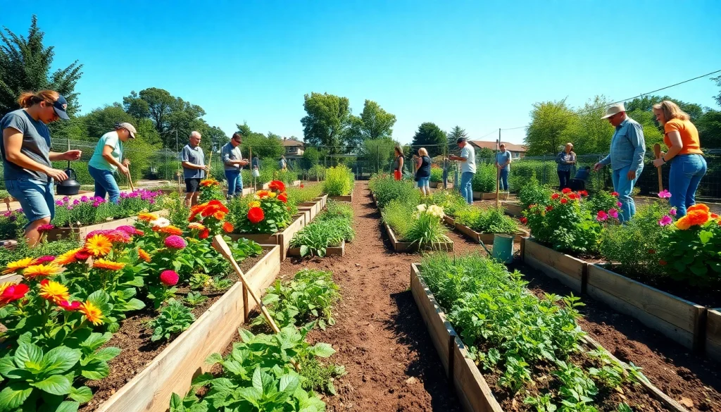 Gardening enthusiasts nurturing vibrant plants in a community garden setting.