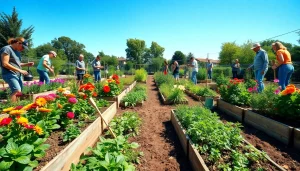 Gardening enthusiasts nurturing vibrant plants in a community garden setting.