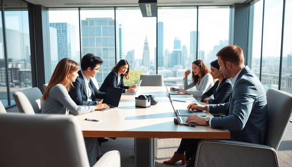 Business team collaborating in a modern office space, showcasing teamwork and innovation.
