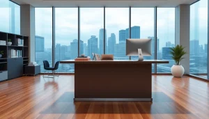 Showcasing real estate office space with modern design, natural lighting, and professional atmosphere.