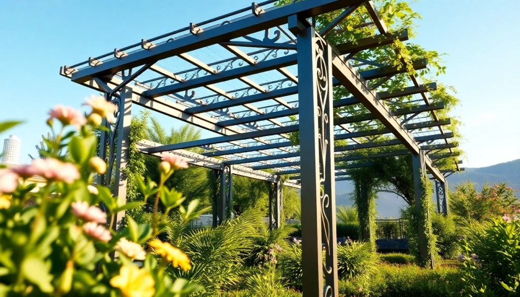 Explore a modern steel pergola elegantly set amidst a vibrant garden, highlighting its sleek design.