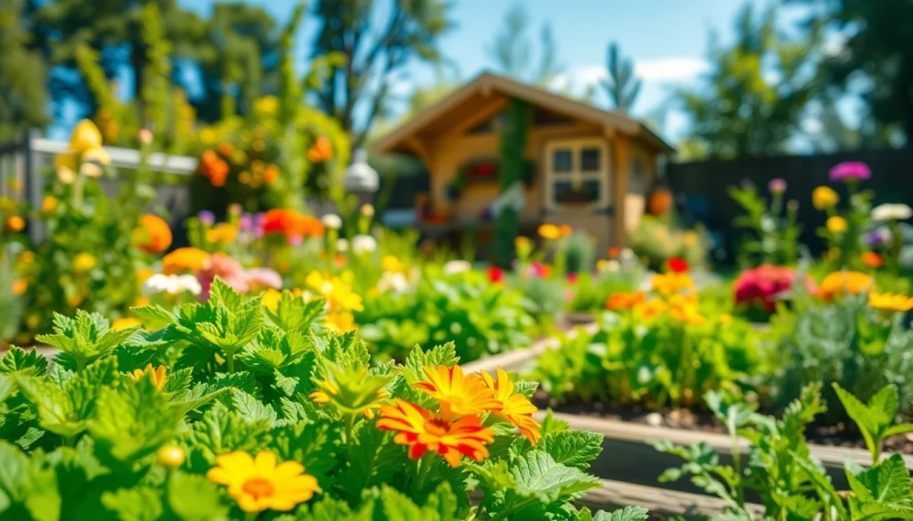 Gardening scene brimming with colorful flowers and fresh vegetables in a sunny garden setting.