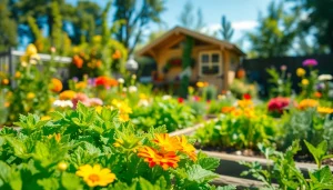 Gardening scene brimming with colorful flowers and fresh vegetables in a sunny garden setting.