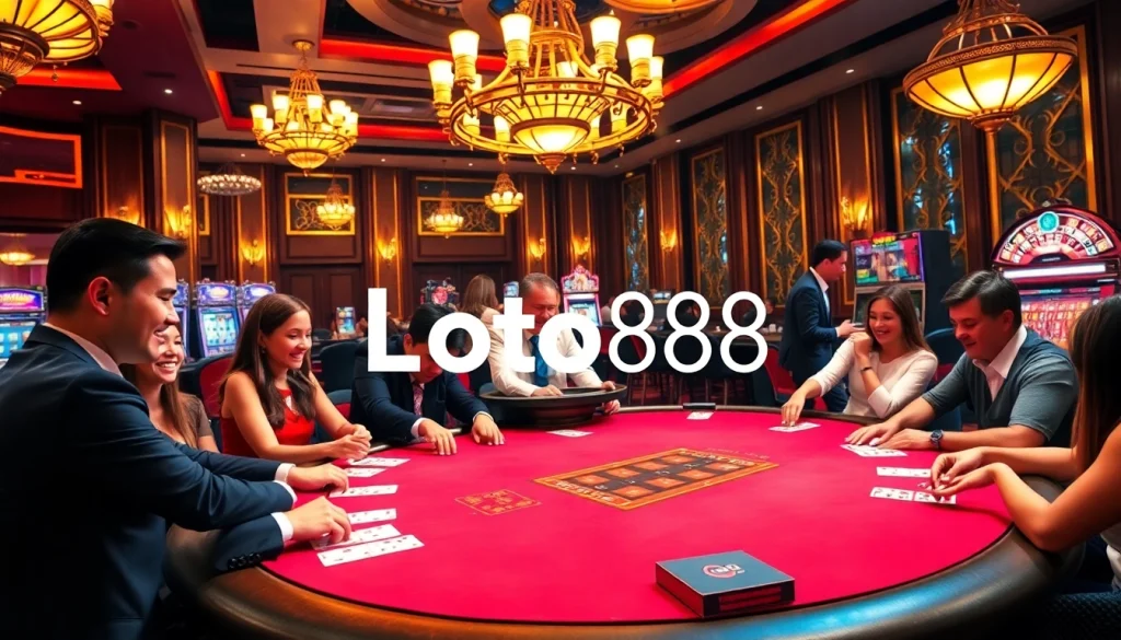 Engage in high-stakes action with Đăng Ký Loto188 at a luxurious casino, featuring poker tables and vibrant slot machines.