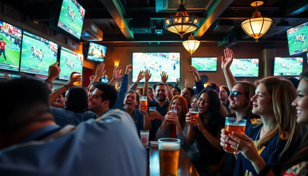Engaged fans celebrating sports betting in California with drinks and excitement in a lively sports bar.