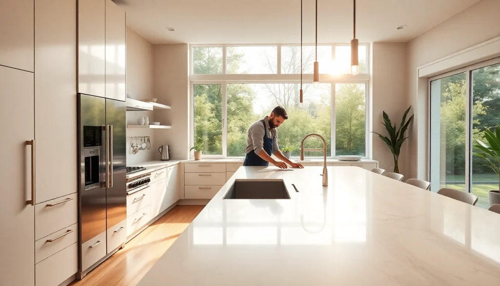 Showcasing home renovation process in a modern kitchen setting featuring elegant designs and natural lighting.