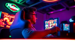 Menang saat bermain matador168 slot dengan gamer terfokus di ruang khusus permainan.