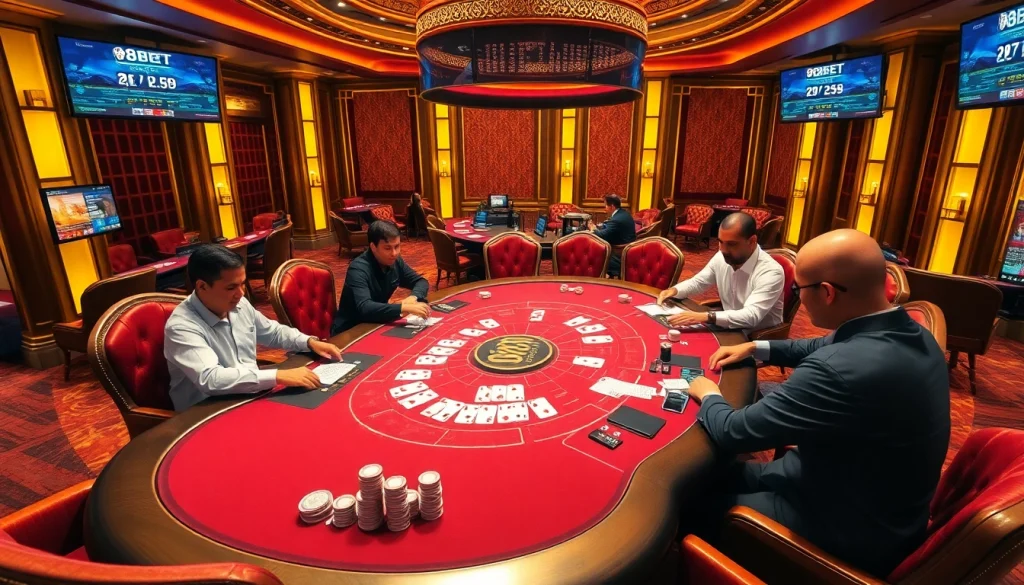 f8bet gaming table with vibrant atmosphere and professional dealers at a luxurious casino.