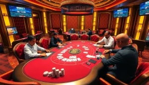 f8bet gaming table with vibrant atmosphere and professional dealers at a luxurious casino.