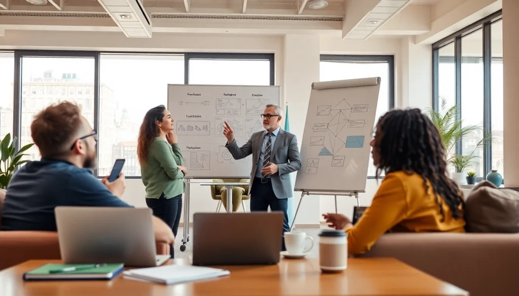 Engaging moment with a business coach near me helping entrepreneurs in a collaborative office setting.