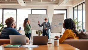 Engaging moment with a business coach near me helping entrepreneurs in a collaborative office setting.