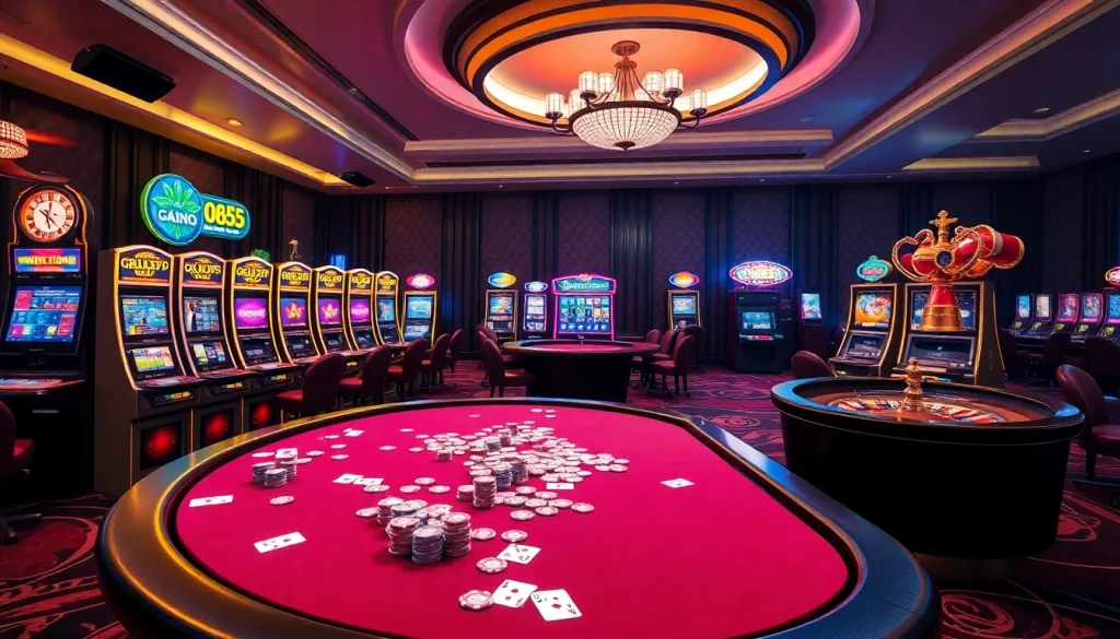 Engaging scene emphasizing OK365 Trang chủ, featuring vibrant casino tables, slot machines, and roulette.