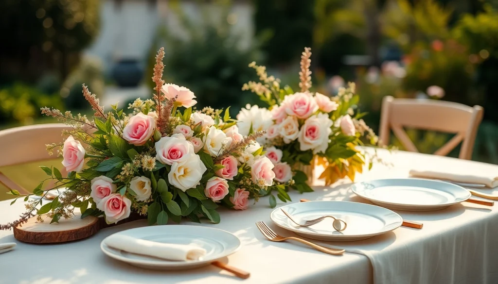Showcasing eco-friendly wedding plates elegantly arranged on a rustic outdoor table with floral accents.
