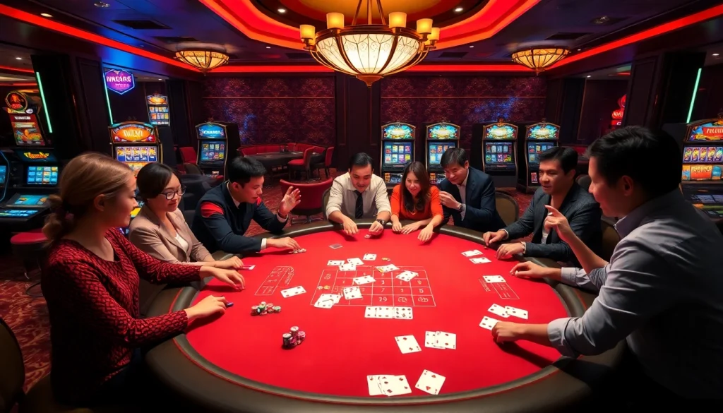 Players celebrating at the ib88 table in a lavish casino environment full of excitement.
