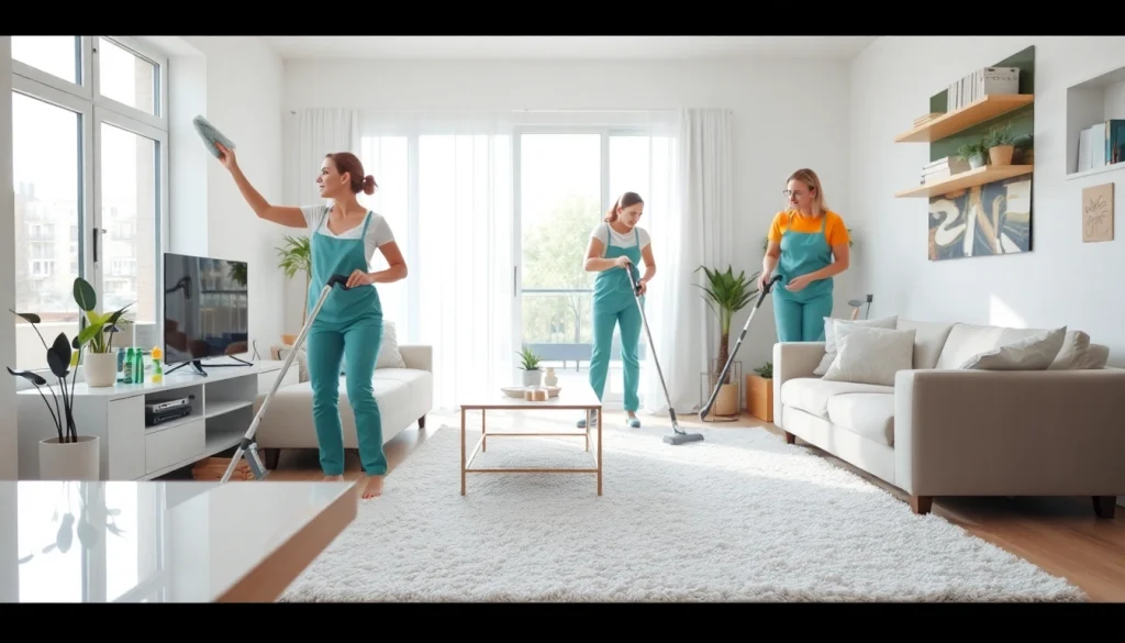 Cleaning service team enhancing a spotless home environment with eco-friendly products.
