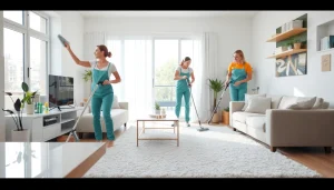 Cleaning service team enhancing a spotless home environment with eco-friendly products.