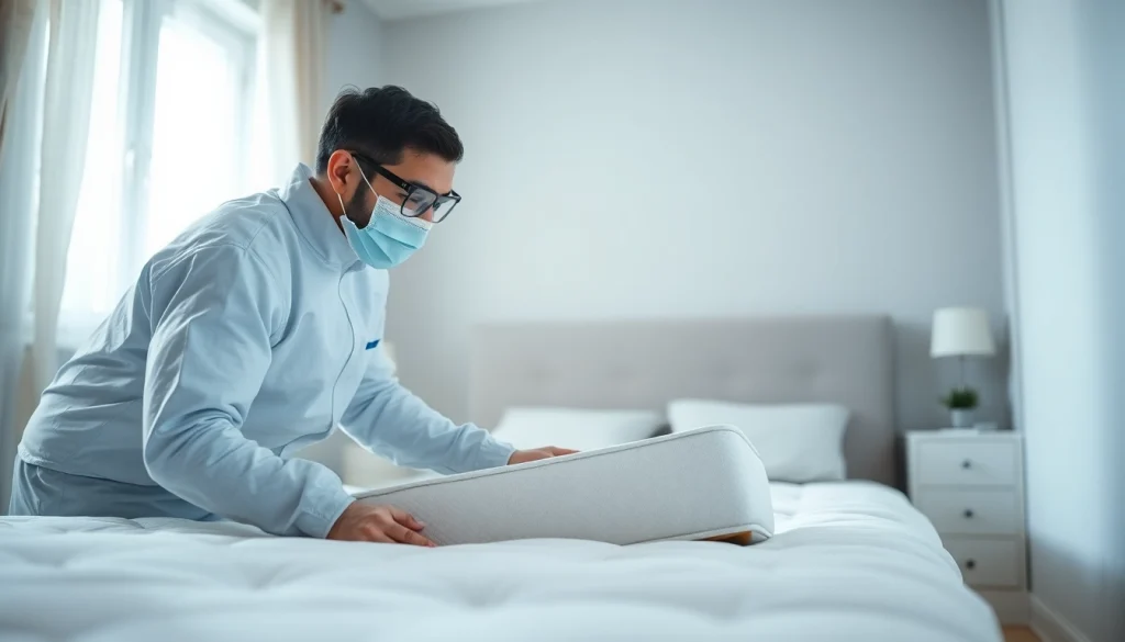 Inspecting bed bugs treatment at https://affordablebedbugexterminators.com with an exterminator in protective gear.