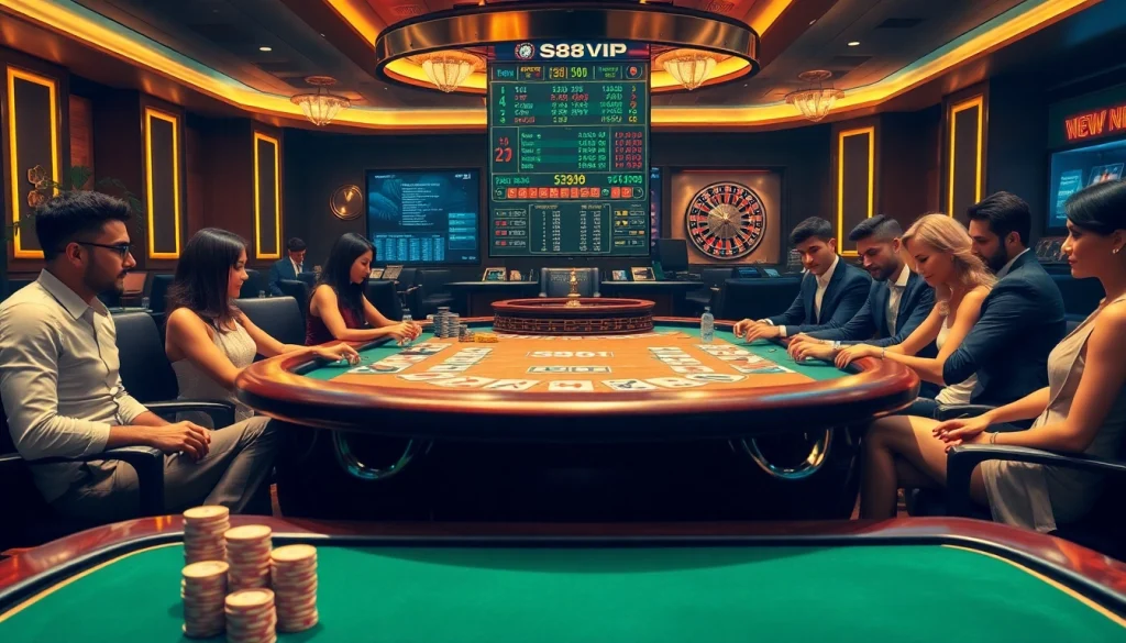 S88VIP casino scene displaying an elegant poker table with players engaged in a game of skill and chance.