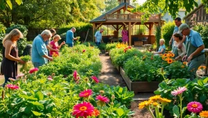Engaging community gardening scene showcasing diverse individuals nurturing their garden plots.