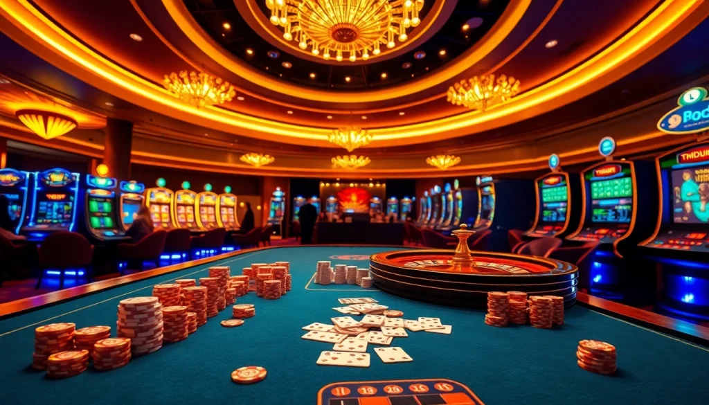 Visual representation showcasing a vibrant casino scene related to nhà cái Jun88 with exciting table games and players.