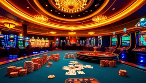 Visual representation showcasing a vibrant casino scene related to nhà cái Jun88 with exciting table games and players.