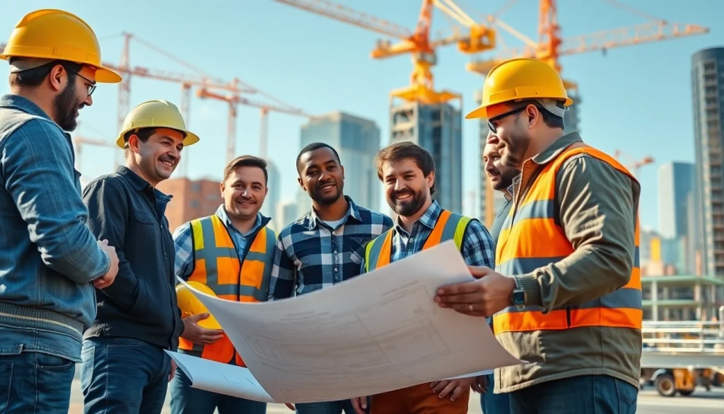 Collaboration at a construction association Denver project site with builders planning together.