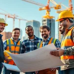 Collaboration at a construction association Denver project site with builders planning together.