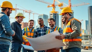 Collaboration at a construction association Denver project site with builders planning together.