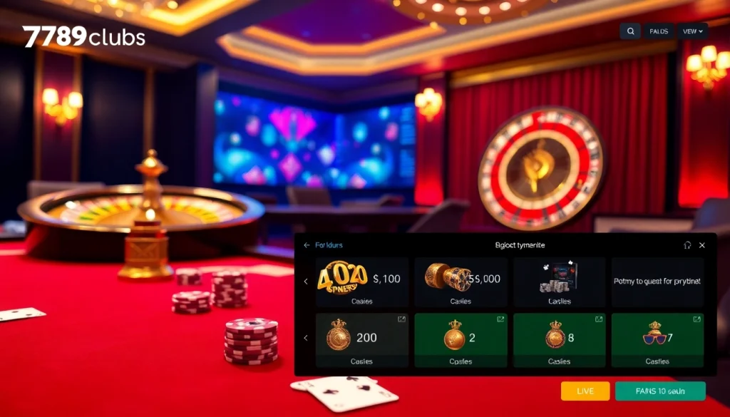 Experience thrilling gaming at https://789club.quest/ with an elegant casino scene featuring poker and roulette.