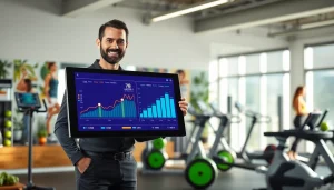 Calculate your metabolic age with a professional using an interactive metabolic age calculator in a vibrant gym.