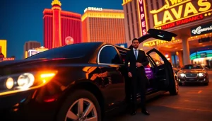 Experience a luxury limousine service in Las Vegas, featuring a stylish black limo and a welcoming chauffeur.