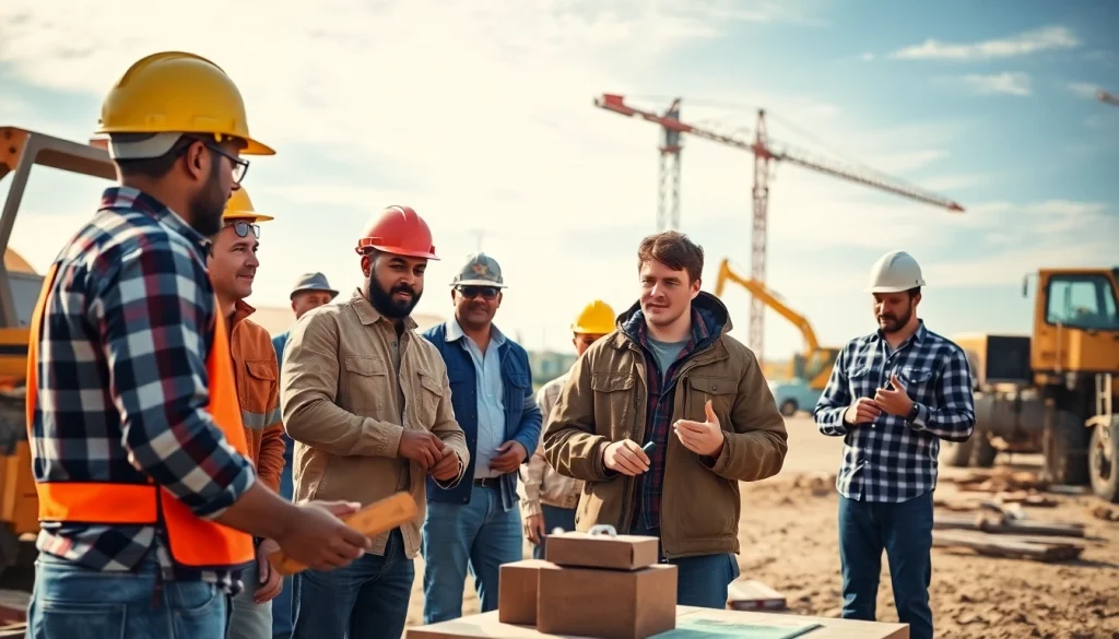 Engaging construction workforce development training with diverse workers collaborating on-site.